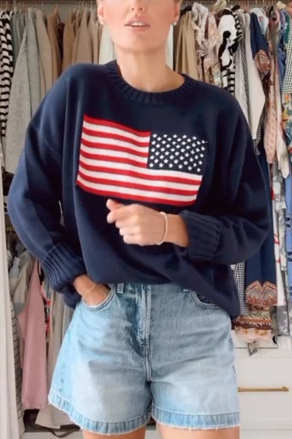 Flag Pattern Knitted Crewneck Long Sleeve Sweater