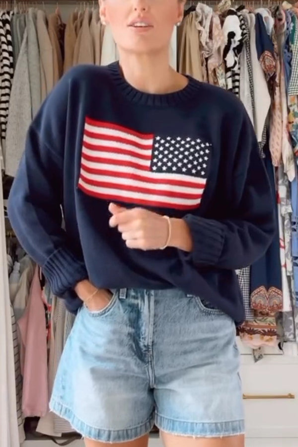 Flag Pattern Knitted Crewneck Long Sleeve Sweater