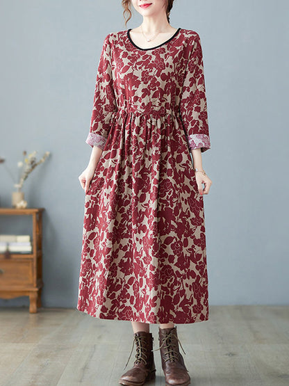 Artistic Retro Ramie Cotton Printed Pleated Round-neck Long Sleeves Midi Dress