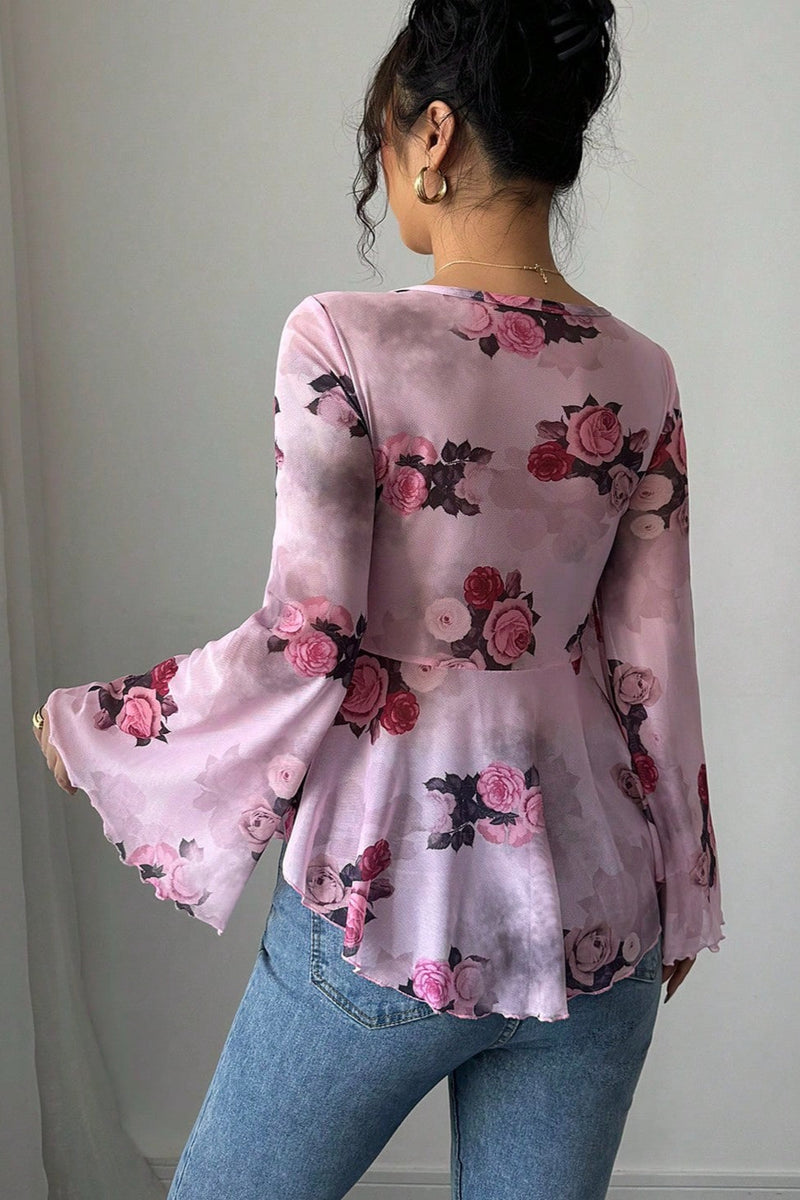 Tie Dye Square Neck Tie Long Sleeve Blouse