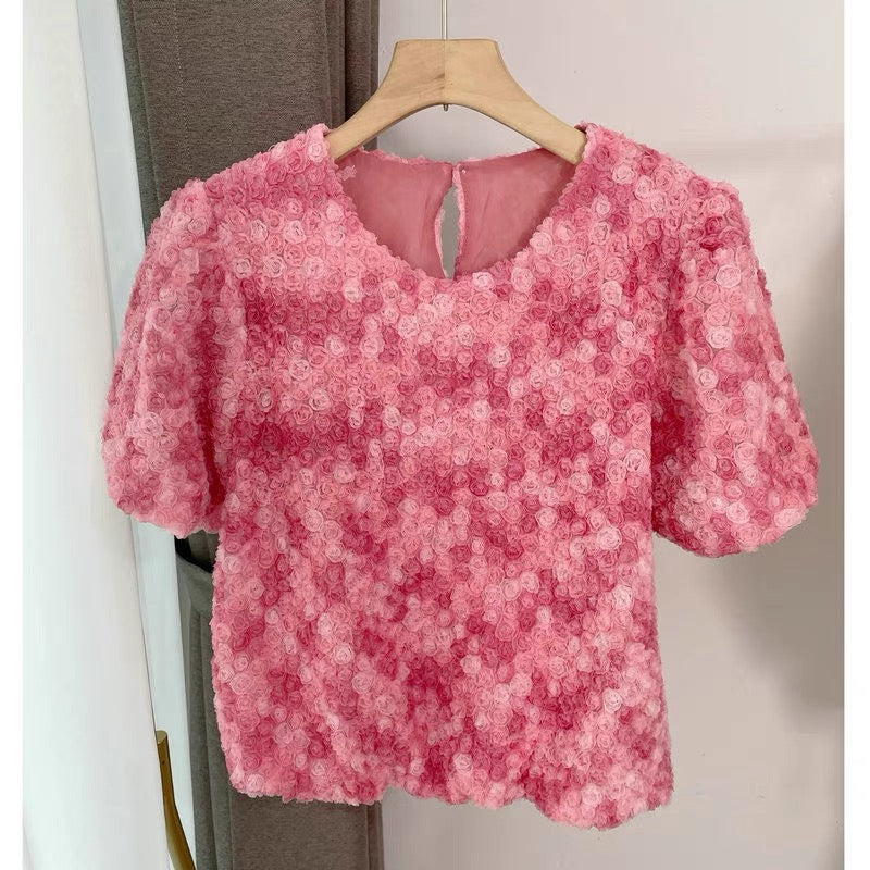 Round Neck Gradient Pink Puff Sleeve Blouse