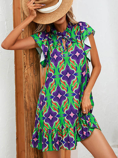 A-line High Waisted Hollow Pleated Printed Split-joint Tied Round-neck Mini Dresses