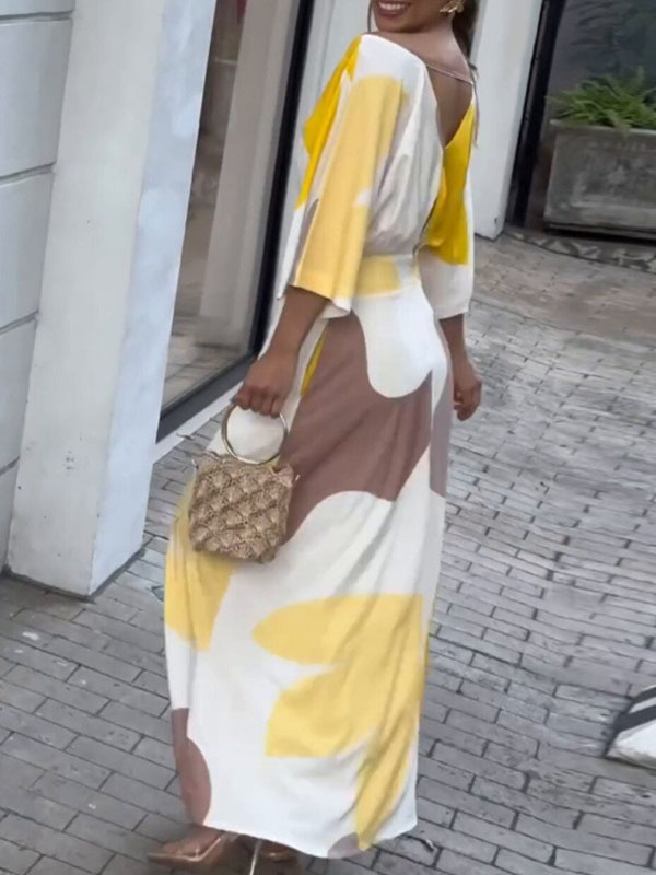 Loose Raglan Sleeve High-waisted Printed Deep V-neck Maxi Dresses