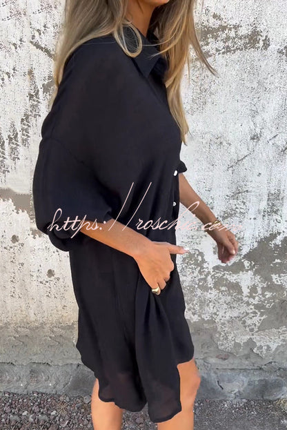 Color Lapel Long Shirt and Elastic Waist Loose Pocket Shorts Set