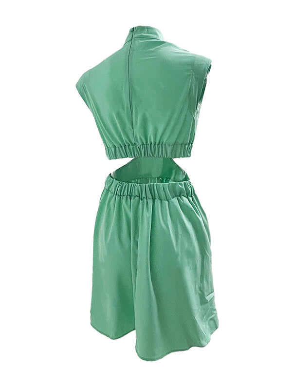 Skinny Belly-hollow Pleated Color Stand Collar Mini Dresses