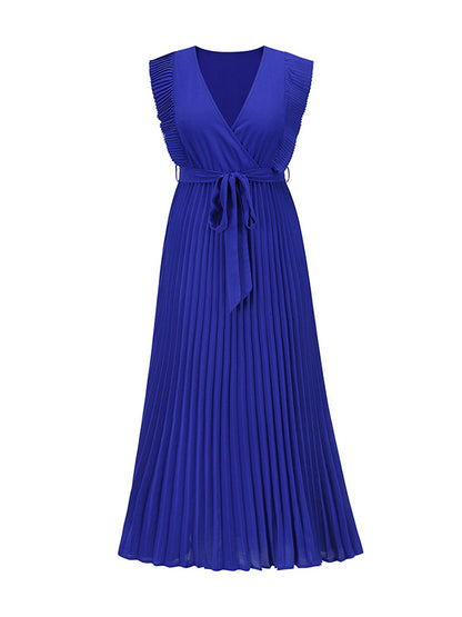 Loose Sleeveless Pleated Color Split-joint Tied Waist V-neck Maxi Dresses