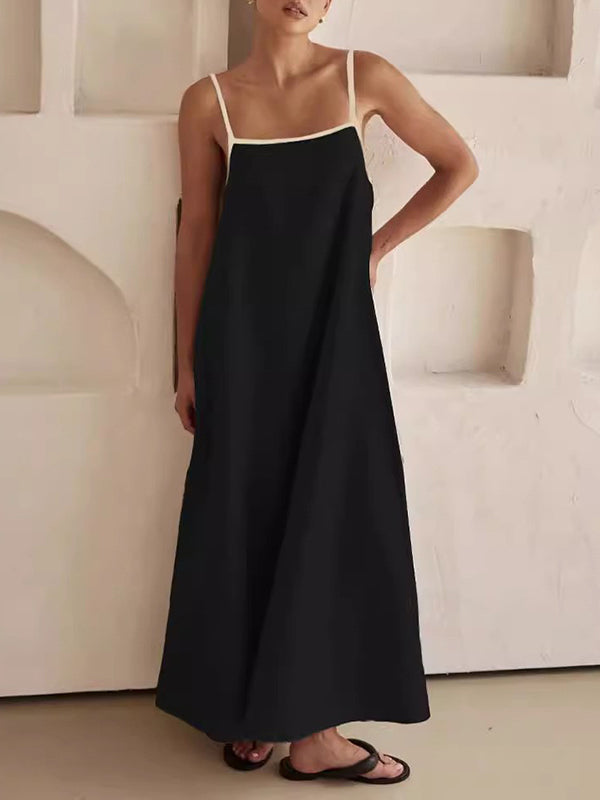 A-line Loose Split-joint Spaghetti-neck Maxi Dresses