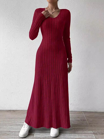 Long Sleeves Skinny Color V-neck Maxi Dresses Sweater Dresses