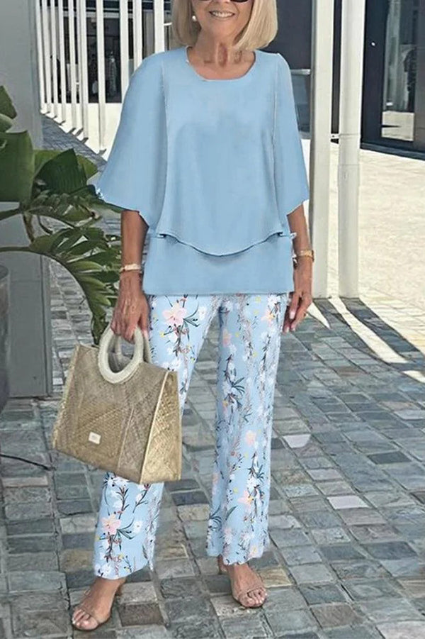 Round Neck Half Sleeve Loose Top and Elastic Waist Straight Pants Set