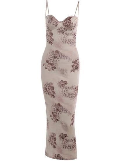 ’s Flower Print Sleeveless Long Dress Female Slim Fit High Waist Bodycon Dress Party Club Evening Dress