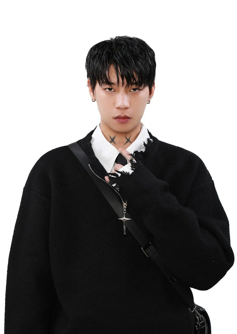 Cross Zipper Half-zip Distressed Sweater