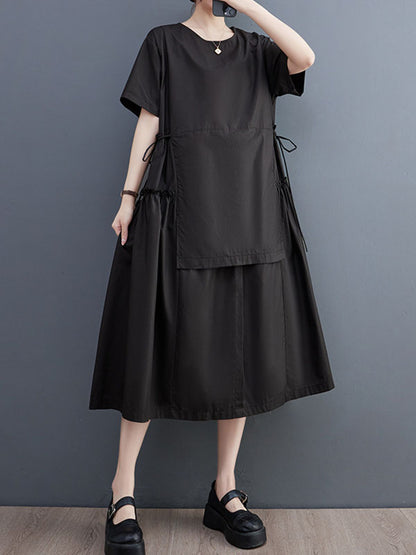 Loose Short Sleeves Color Split-joint Round-neck Midi Dresses
