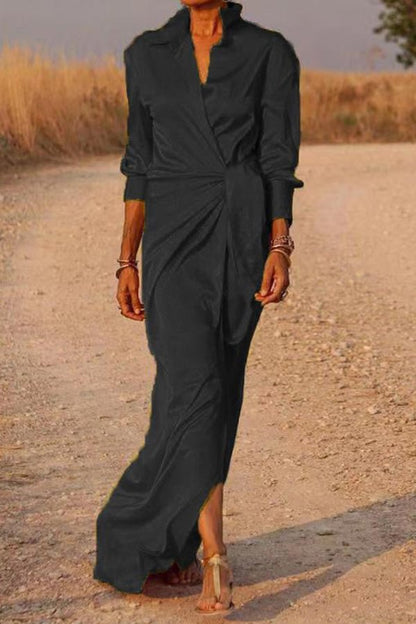 Red Satin Wrap Shirt Maxi Dress Qb034