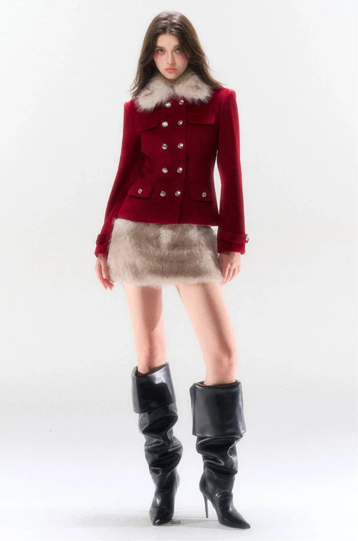 Red Double-breasted Coat and Mini Skirt Set