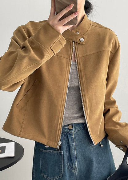 Brown Stand Collar Zippered Faux Suede Coats Fall Wd006