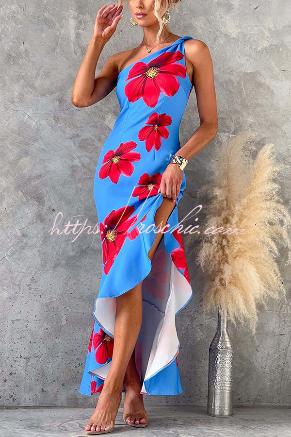 Muse Print One Shoulder Irregular Ruffles Slit Maxi Dress