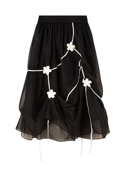 Black Embroidered Midi Skirt - Sheer Overlay Asymmetric Gothic Lolita Style
