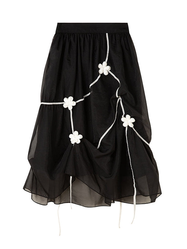 Black Embroidered Midi Skirt - Sheer Overlay Asymmetric Gothic Lolita Style