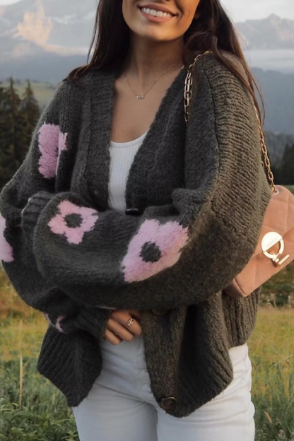 V-neck 3d Intarsia Lazy Style Knitted Sweater Coat