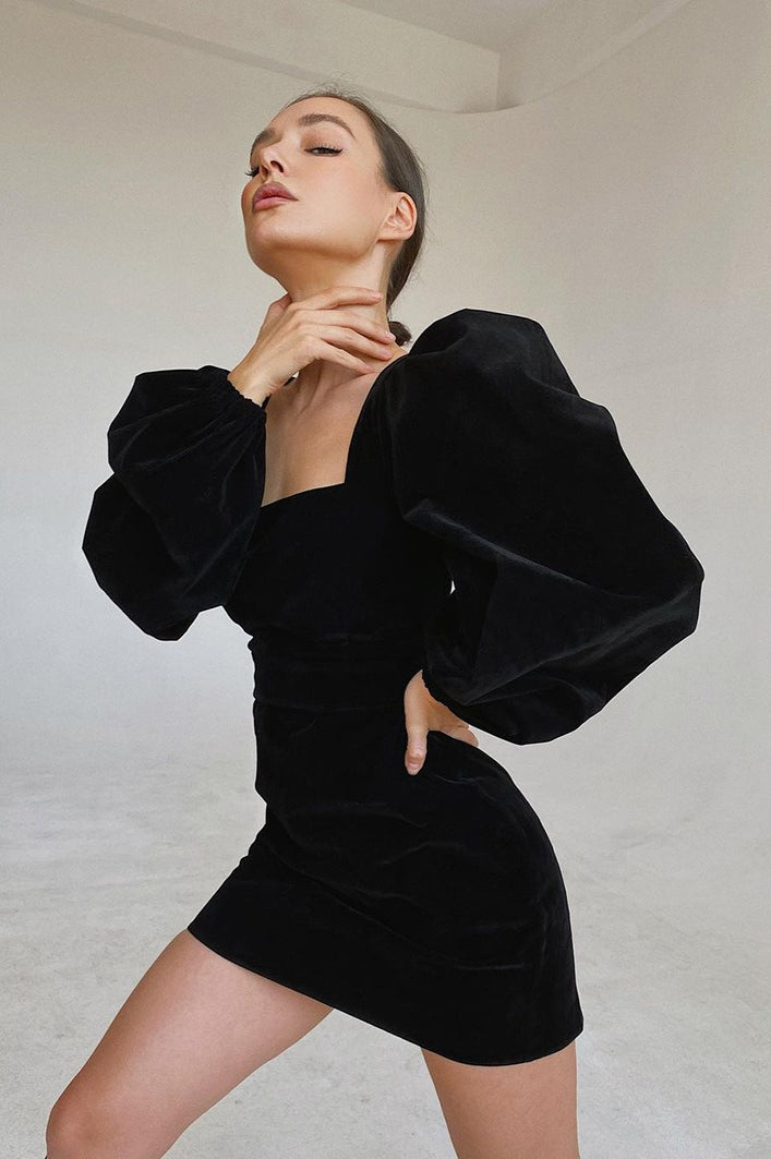 Puff Sleeve Velvet Black Mini Dress