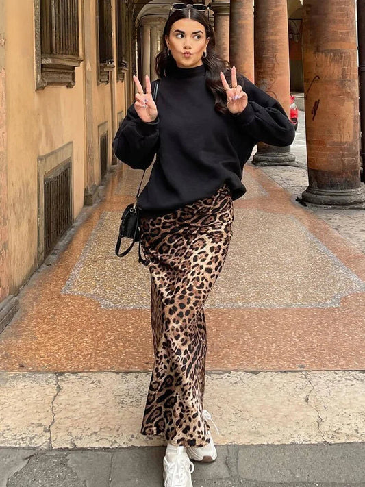 Female Retro Leopard Print Summer High Waist Satin A-line Skirt