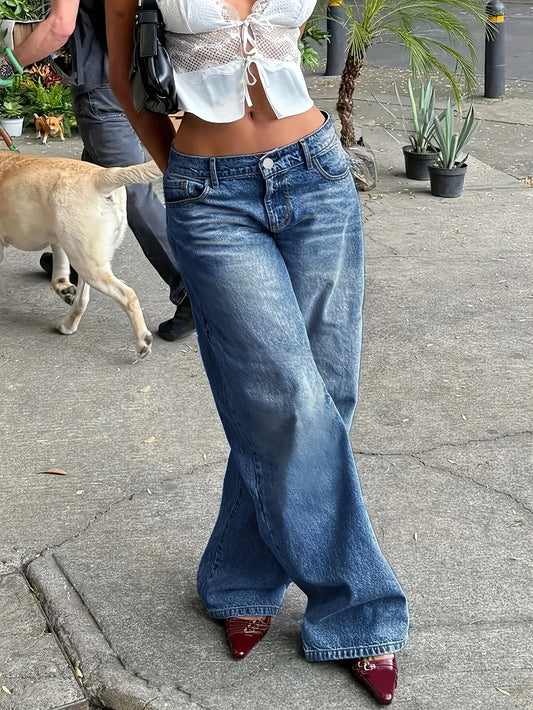 ' Loose Denim Pants, Mid Waist Straight Leg Pants, Convenient Machine Wash, With Pockets