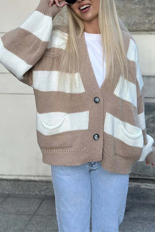 V-neck Long-sleeved Striped Pocket Knitted Cardigan