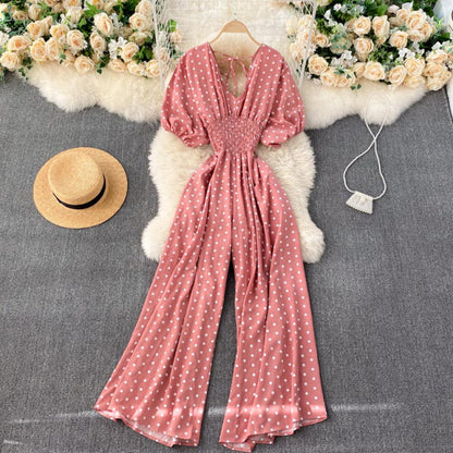 Stylish Army Green V-neck Polka Dot Puff Sleeve Wide Leg Jumpsuit