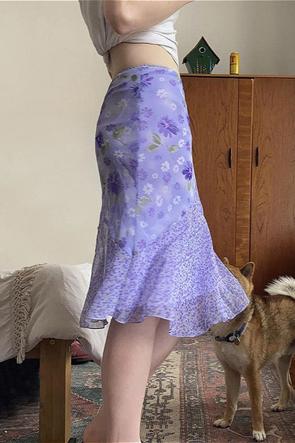 Purple Patchwork Asymmetrical Tulle High Waist Skirt