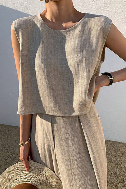 Linen Blend Round Neck Sleeveless Top and Loose Wide-leg Pants Set