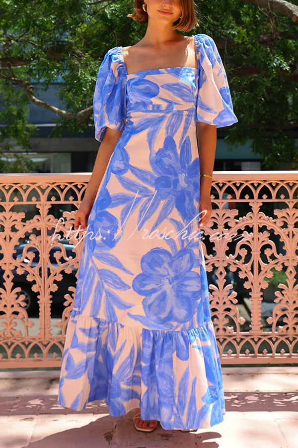 Watercolor Print Square Neck Puff Sleeve Maxi Dress