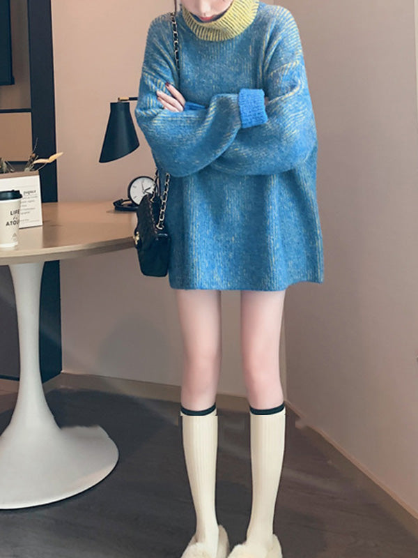 Design Loose Blue Contrast Color High-neck Long Sleeve Sweater An1054