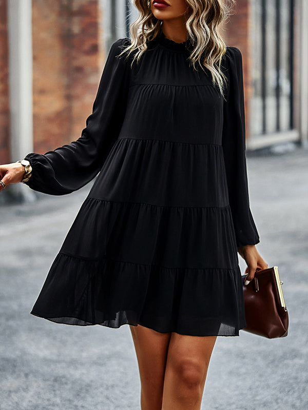 A-line Bishop Sleeve Elasticity Pleated Color Split-joint Tied Mock Neck Mini Dresses