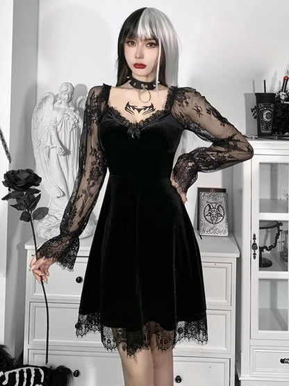 Gothic Lolita Girl Lace Trim Velvet A-line Dress Perspective Long Sleeve V Neck Slim Mini Dress Cosplay Party Costume