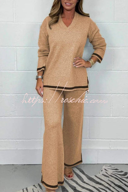 Color V-neck Long-sleeved Loose Top and Elastic Waist Wide-leg Pants Set