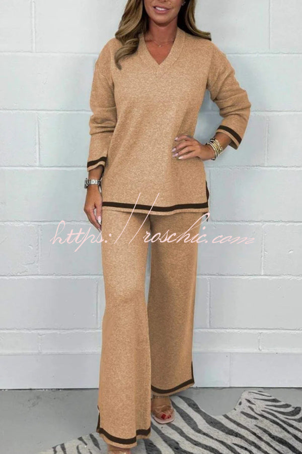 Color V-neck Long-sleeved Loose Top and Elastic Waist Wide-leg Pants Set