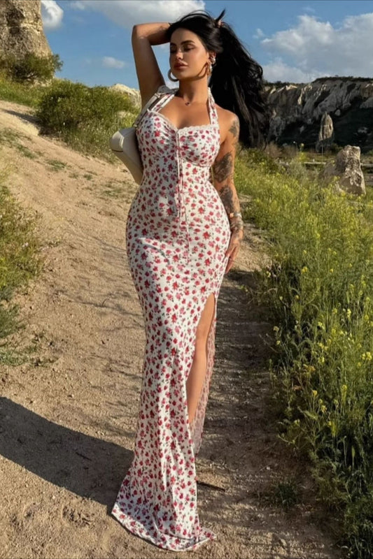 Tie-back Backless Fitted Split Maxi Dress