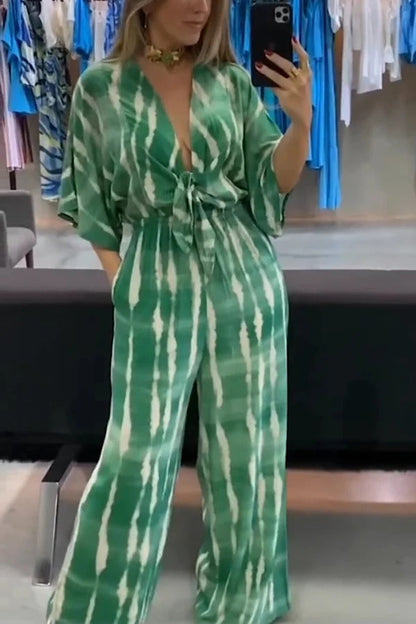 Striped Print V-neck Lace-up Wide-leg Jumpsuit