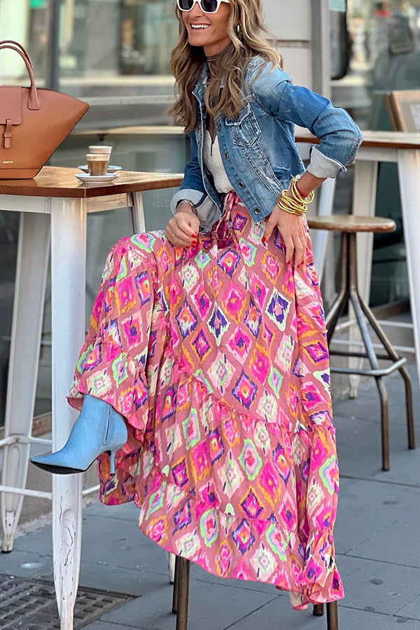 Audrina Print Elastic Waist Tassel Maxi Skirt
