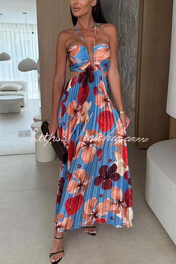 Casey Satin Print Cutout Halter Back Tie-up Pleated Maxi Dress