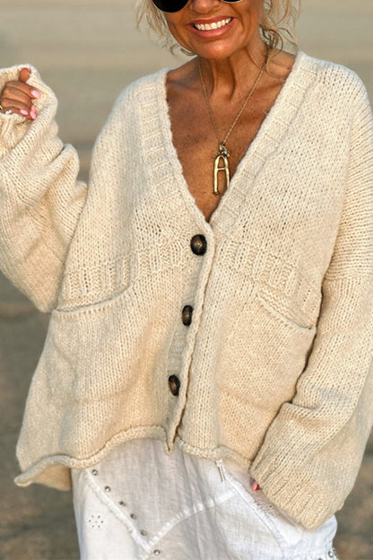 Color Loose Long Sleeve V-neck Pocket Knitted Sweater Cardigan