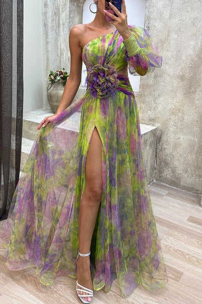 Picturesque Beauty Tulle Pleated One Shoulder Sleeve Slit Maxi Dress