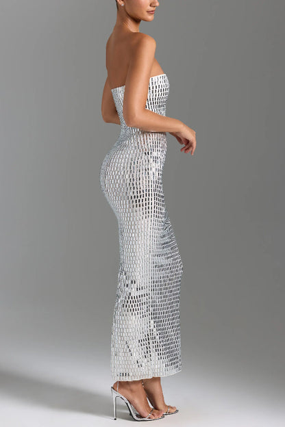 Flash Sculpture Rhinestone Embellished Bandeau Slit Stretch Maxi Dress