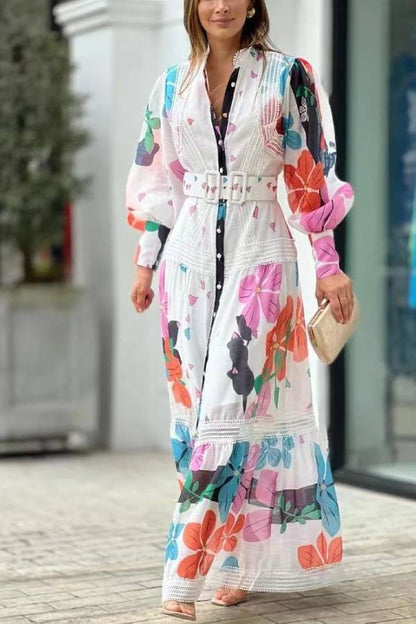 Print Lace Paneled Single Breasted Long Sleeved Maxi Dress
