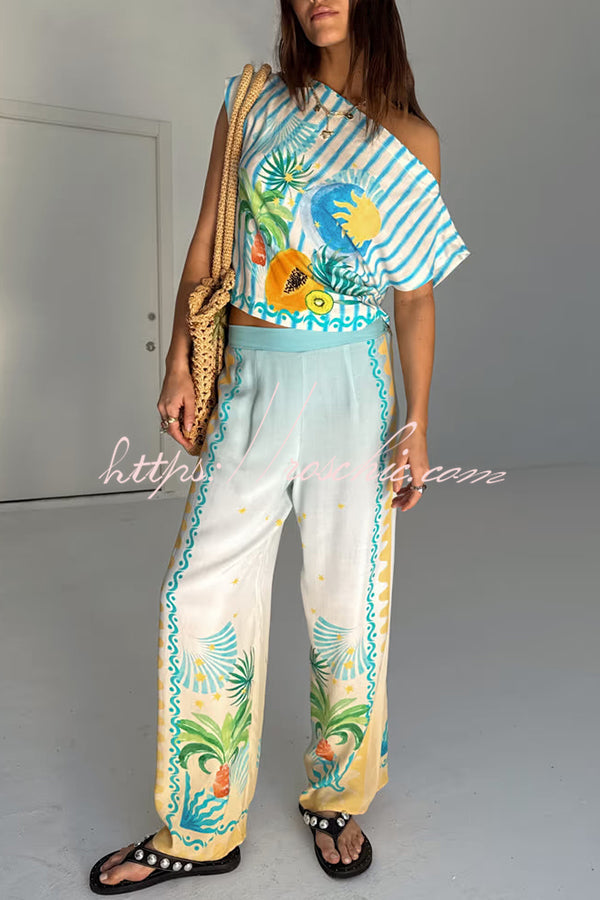 See You in Rio Tropical Fruits Print High Rise Elastic Waist Wide Leg Pants