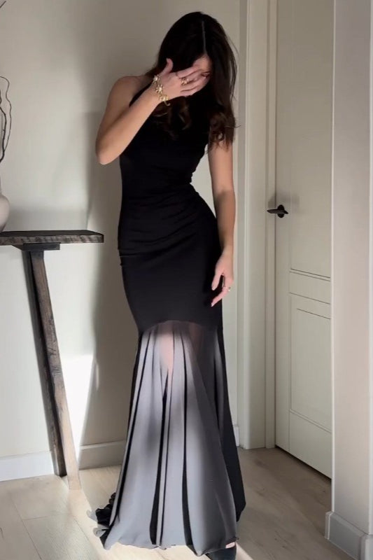 Color Mesh Fitted Bodycon Maxi Dress