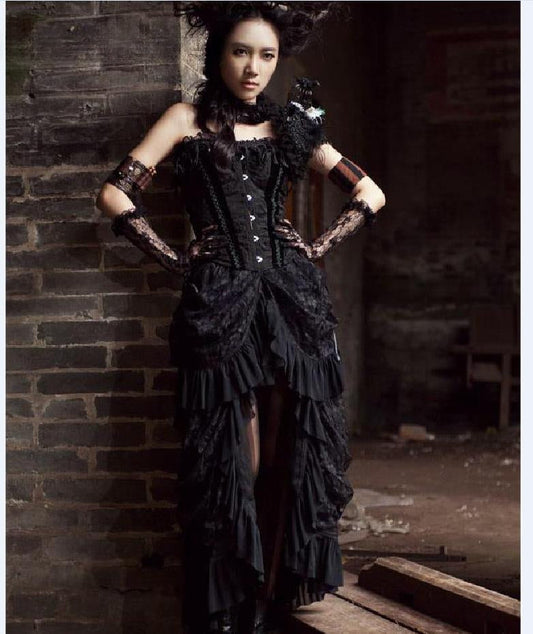 New Retro Victorian Lace Up Steamgothic Goth Long Ruffle Dress Skirt