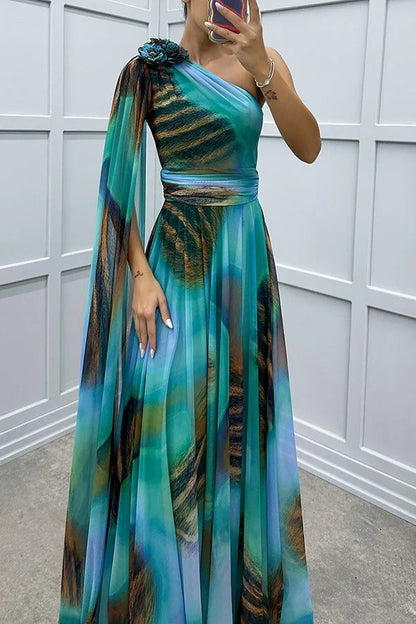 Lucia Unique Print Detail One Shoulder Draped Sleeve Gown Maxi Dress