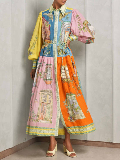 Exquisite Garden Print Button-down Midi Dress