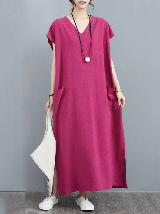 Simple Ramie Cotton Color Split-side With Pocket V-neck Short Sleeves Maxi Dress